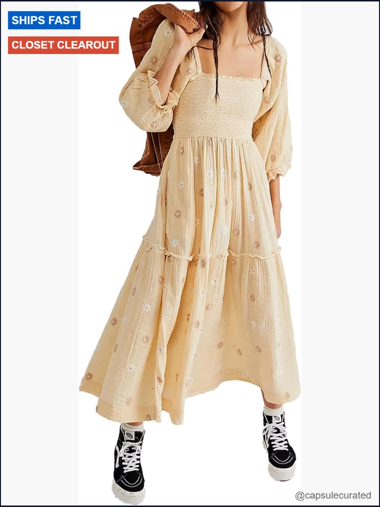Boho Floral Embroidered Maxi Dress Square Neck Puff Sleeve